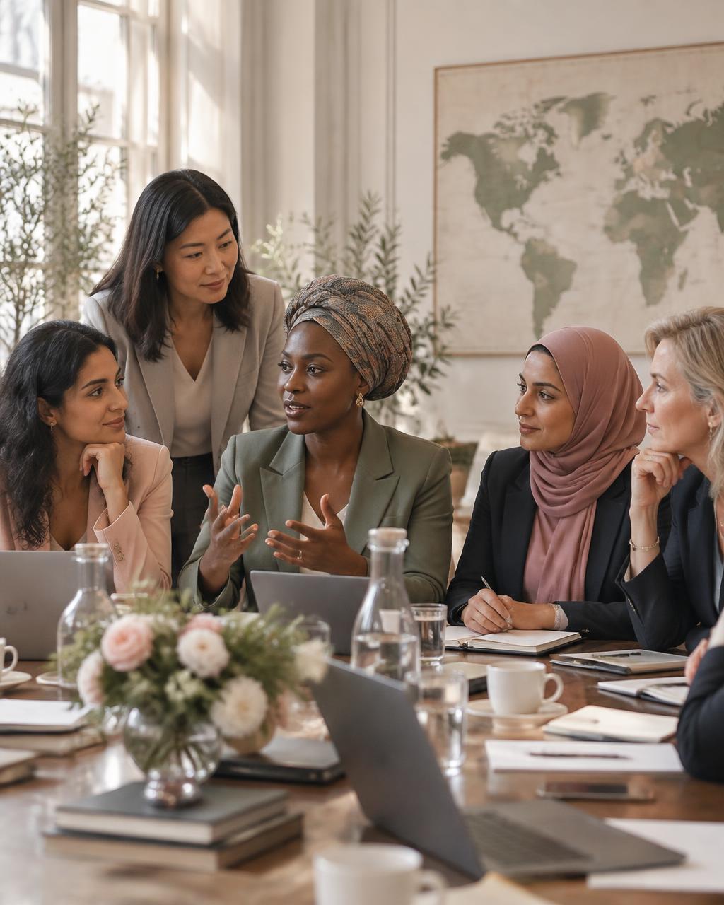 Diverse women collaborating around a conference table